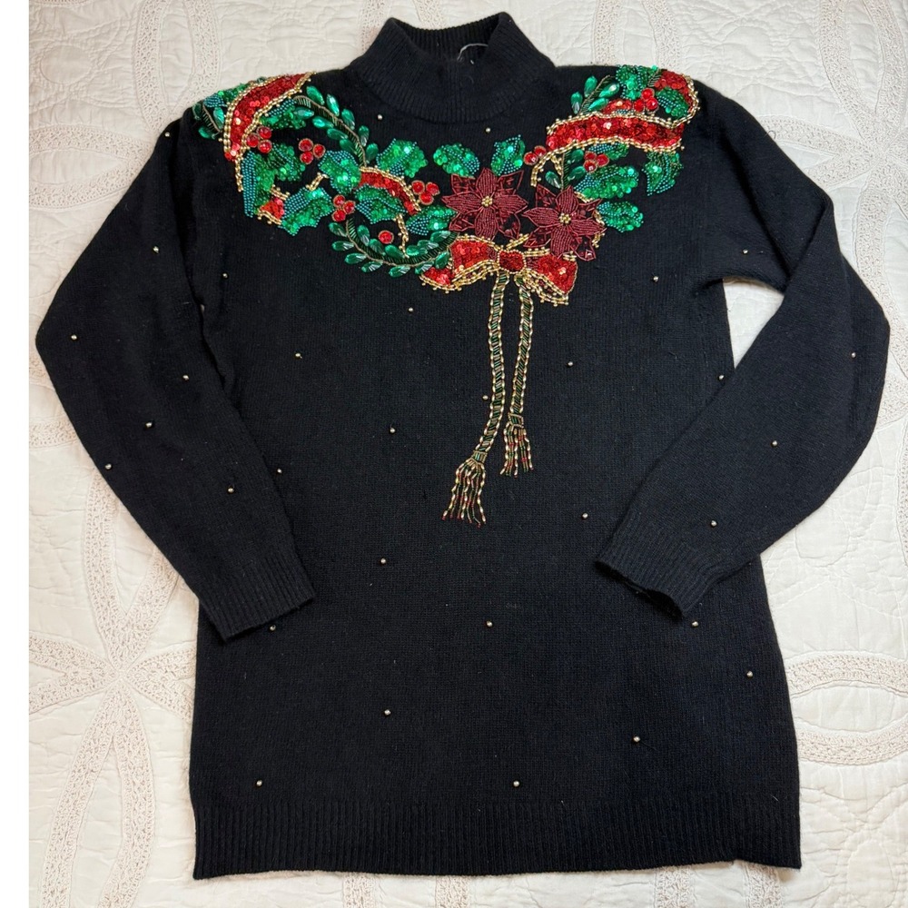 1994 Vintage Marisa Christina Grandma Ugly Christmas Sweater Black Beaded Small